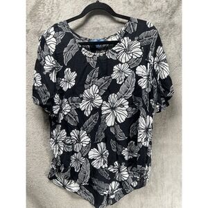 Blue Ginger Women's Medium Top Black White Tropical Floral Rayon Asymmetric Hem